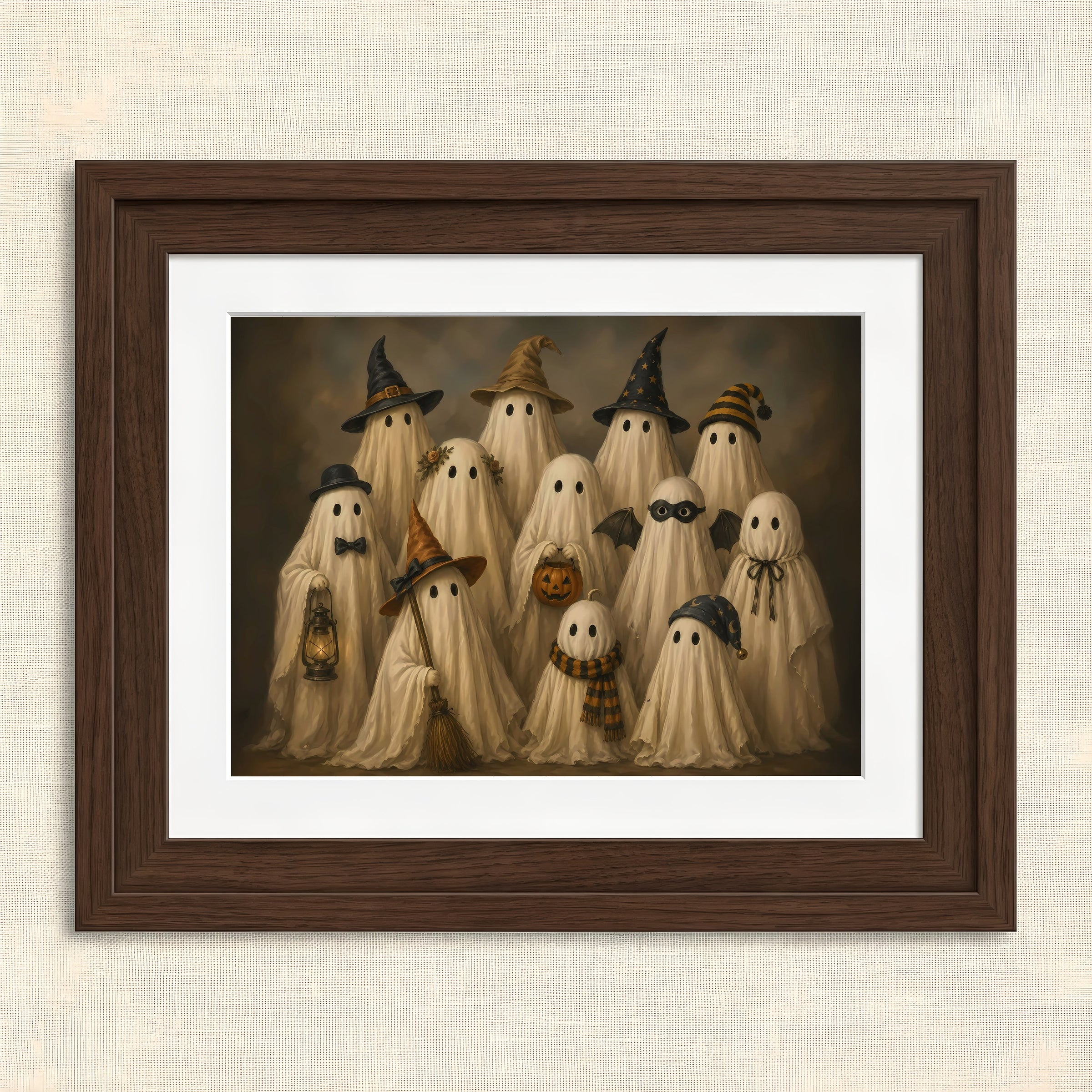 Whimsical Haunting Friends Artwork — Framed artwork of playful ghosts in costumes