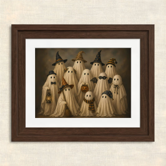 Whimsical Haunting Friends Artwork — Framed artwork of playful ghosts in costumes