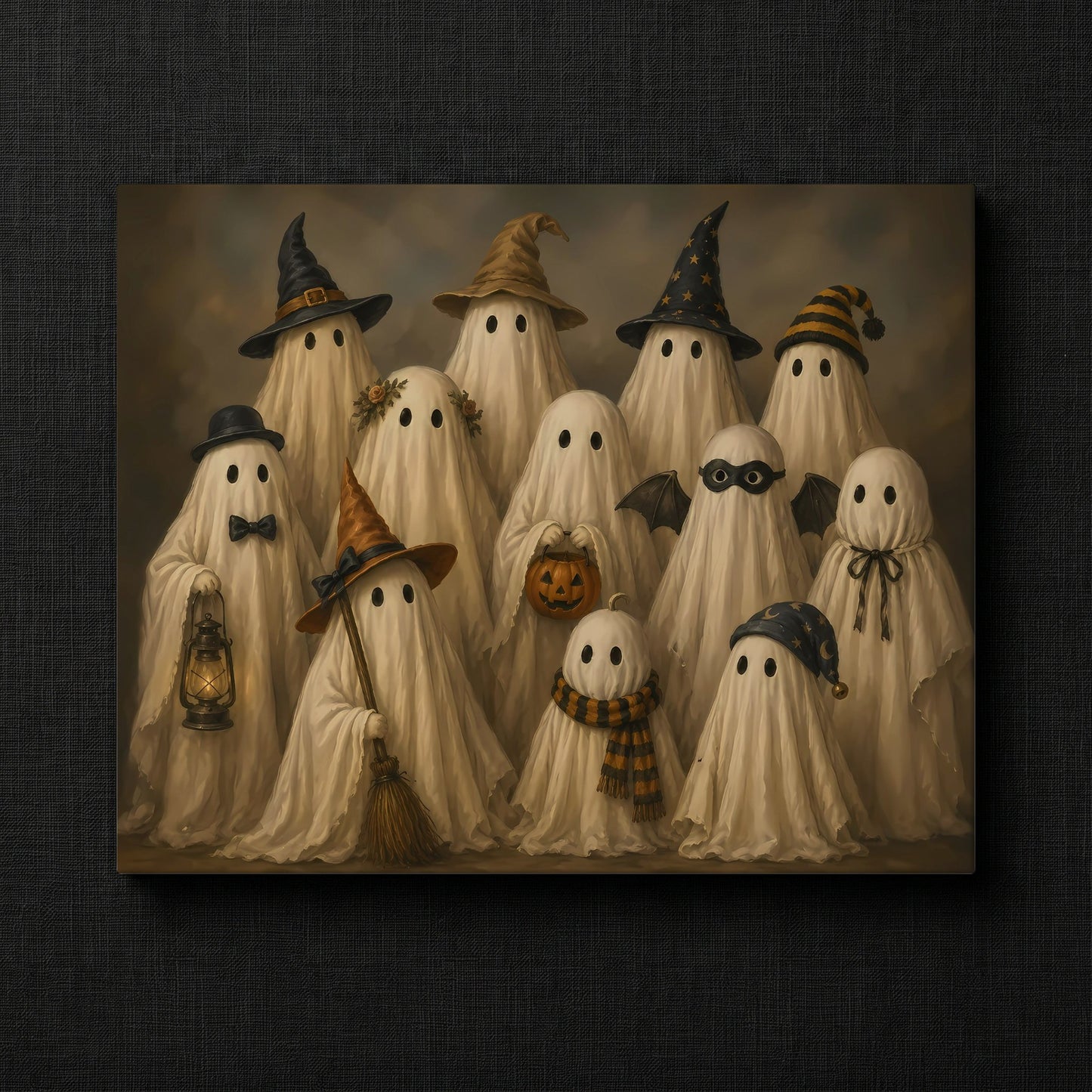 Whimsical Haunting Friends Artwork — Group of whimsical ghosts in Halloween costumes