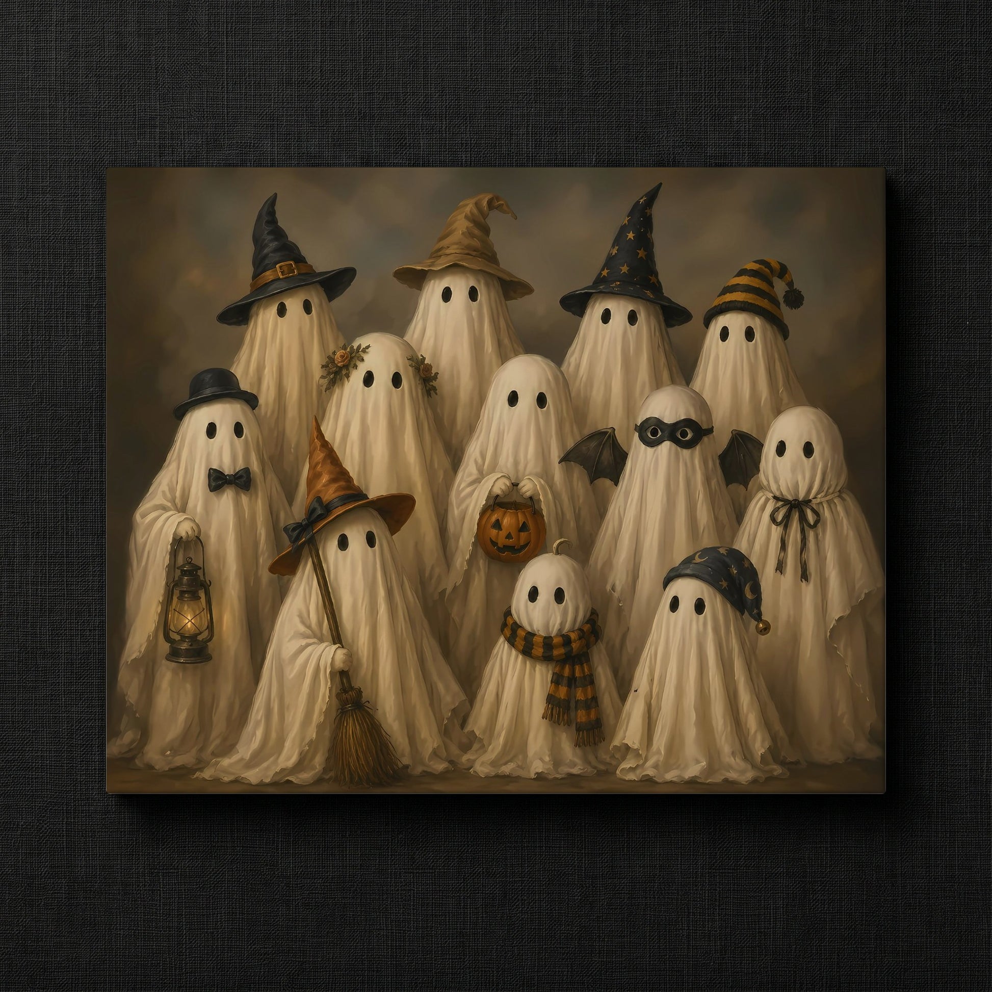 Whimsical Haunting Friends Artwork — Group of whimsical ghosts in Halloween costumes
